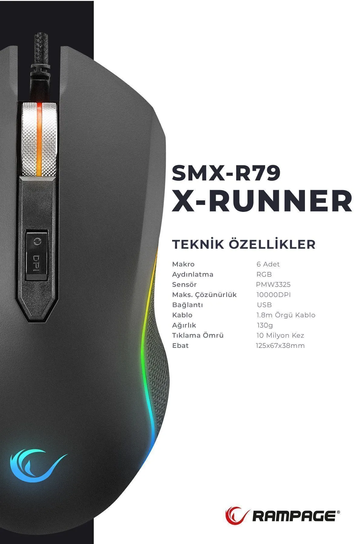 RAMPAGE SMX-R79 X-Runner Usb 10000dpi Gaming Oyuncu Mouse Siyah